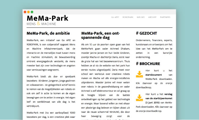 afbeelding van de website gemaakt voor MeMa-Park, mens & machine